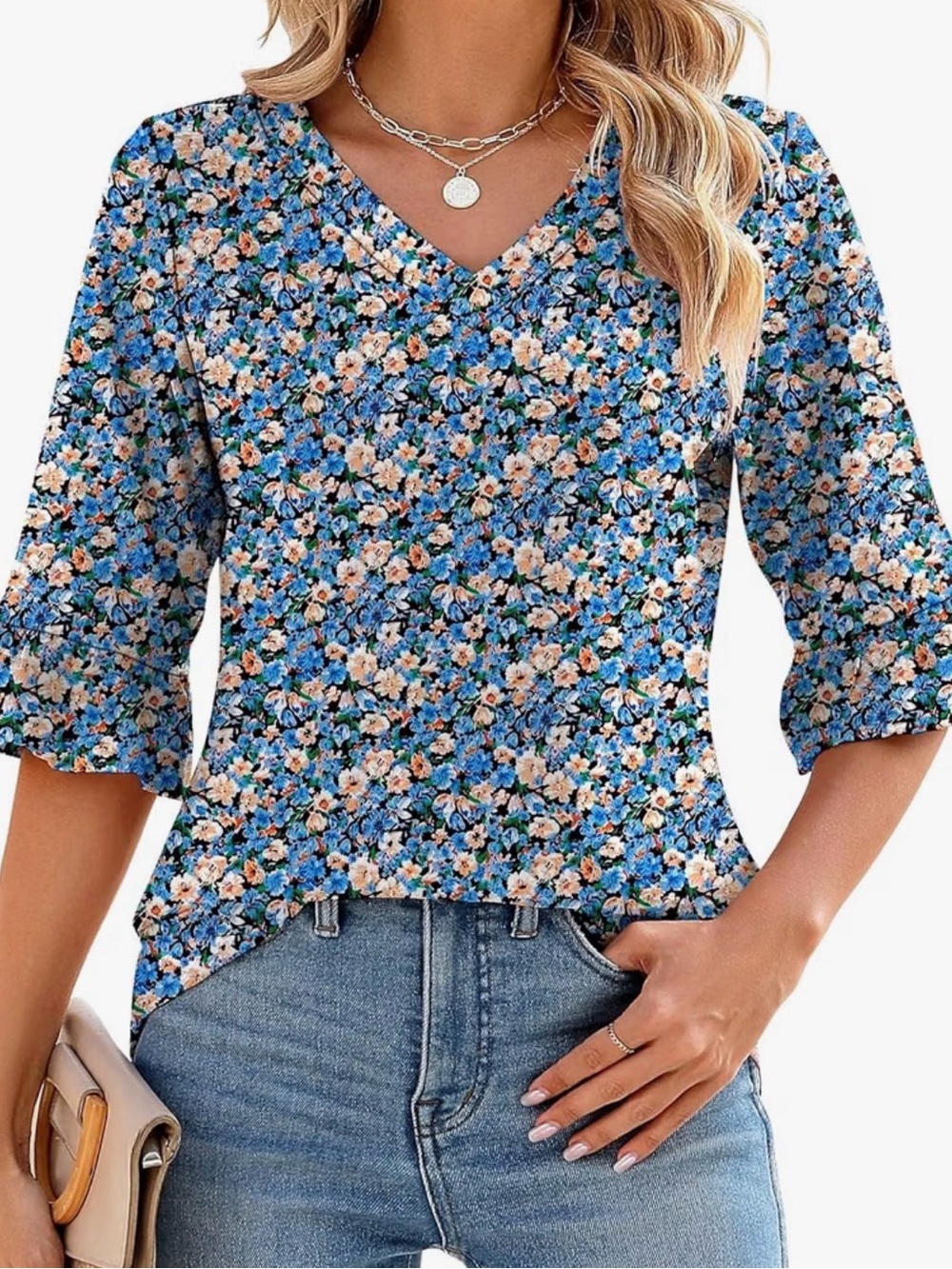 Blue Floral V-Neck 3/4 Sleeve Blouse